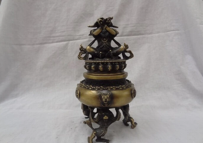 

S4950 9" Tibet Pure Bronze Vajra Mahakala Buddha Statue Lion Man Incense Burner Censer D0317