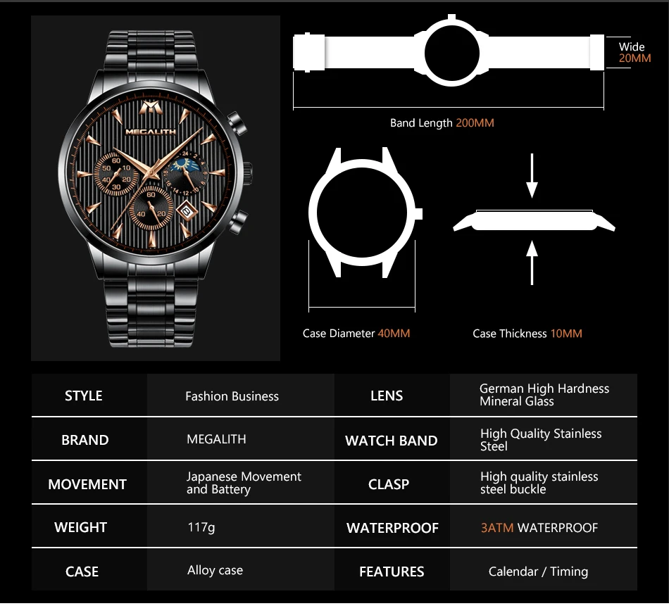 MEGALITH 15.99$ Mens Watch Top Brand Automatic Mechanical Watches Sport Waterproof Watch Stainless Steel Band Horloges Mannen
