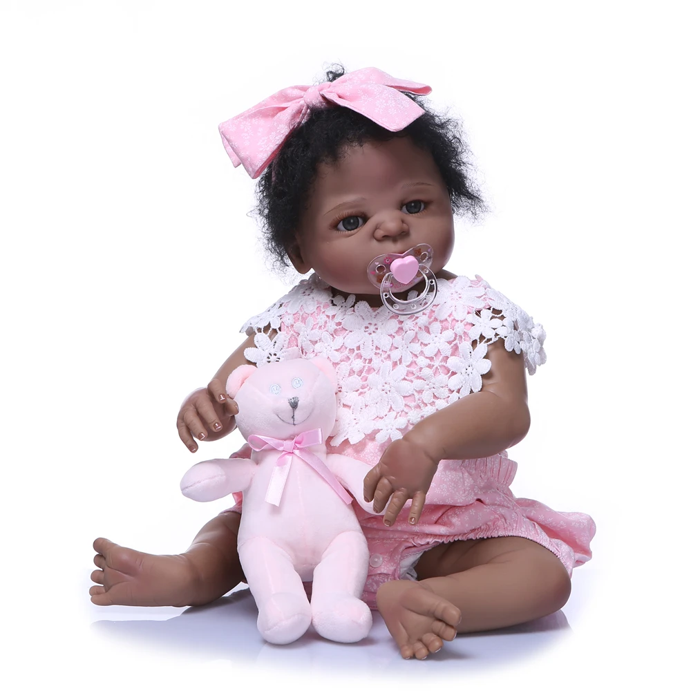 

Collectible 23 Inch Reborn Baby Doll Full Body Silicone 57cm lifelike Black Skin Baby Doll Girl Kid Birthday Gift bathe bonecas
