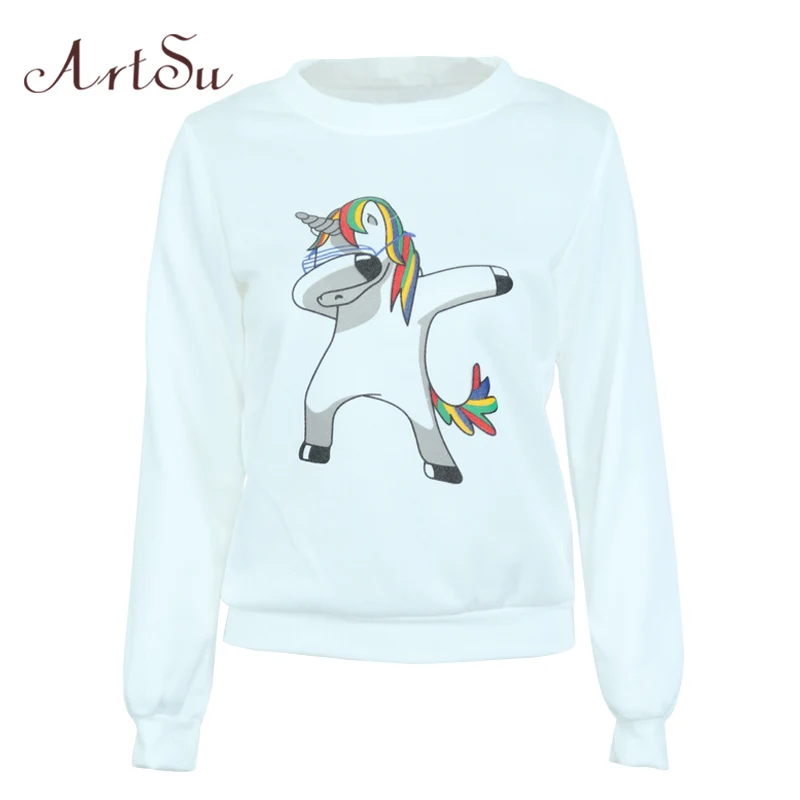 ArtSu White Unicorn Funny Women's Sweatshirt Fleece Hoodie Long Sleeve
