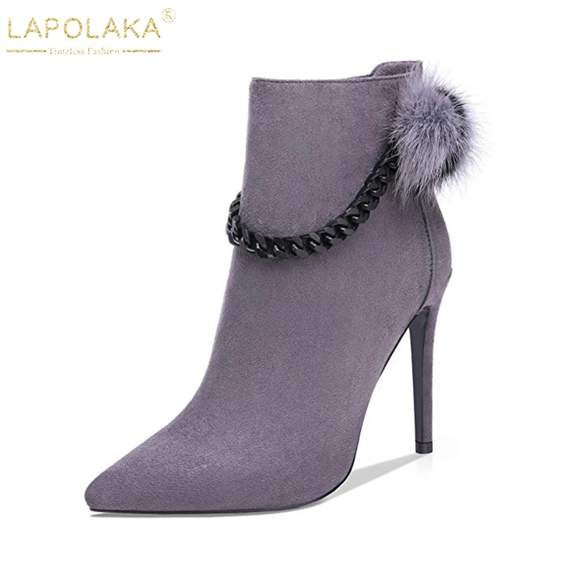 

LAPOLAKA NEW BIG Size 43 Dropship Feather Chains Party Boots Shoes Woman Sexy High Heels Pointed Toe Women Ankle Boots