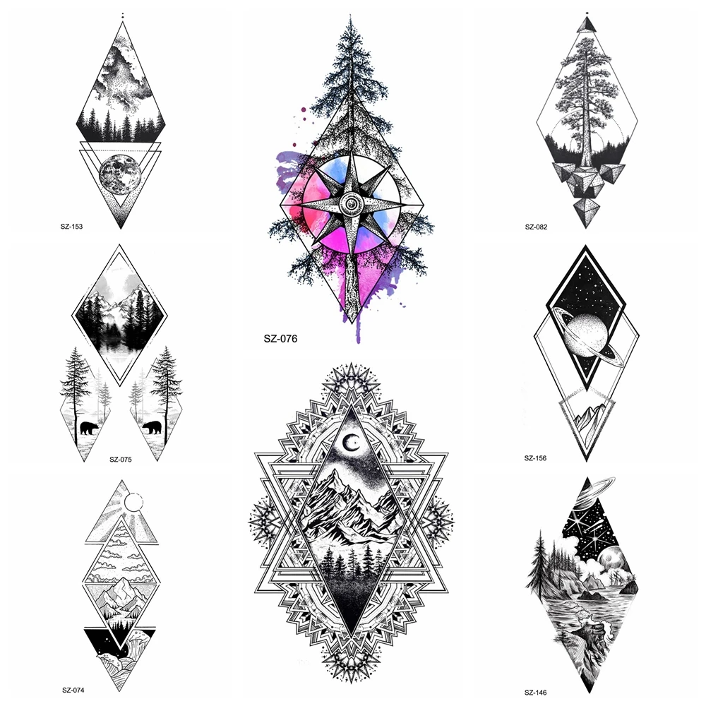 10 5x6cm Triangle Compass Temporary Tattoo Women Arm Hill Totem Stickers Men Tatoos Forearm Rhombus Tree Fake Tattoo Mirror Moon Temporary Tattoos Aliexpress