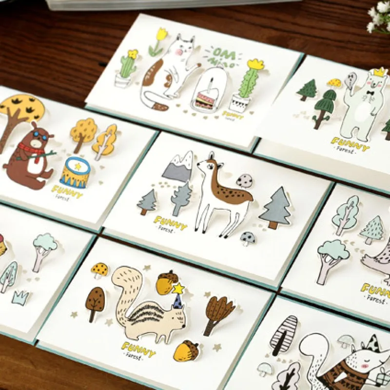 

funny forest cartoon animal shape folded greeting cards with envelopes set cat bear deer owl lion design