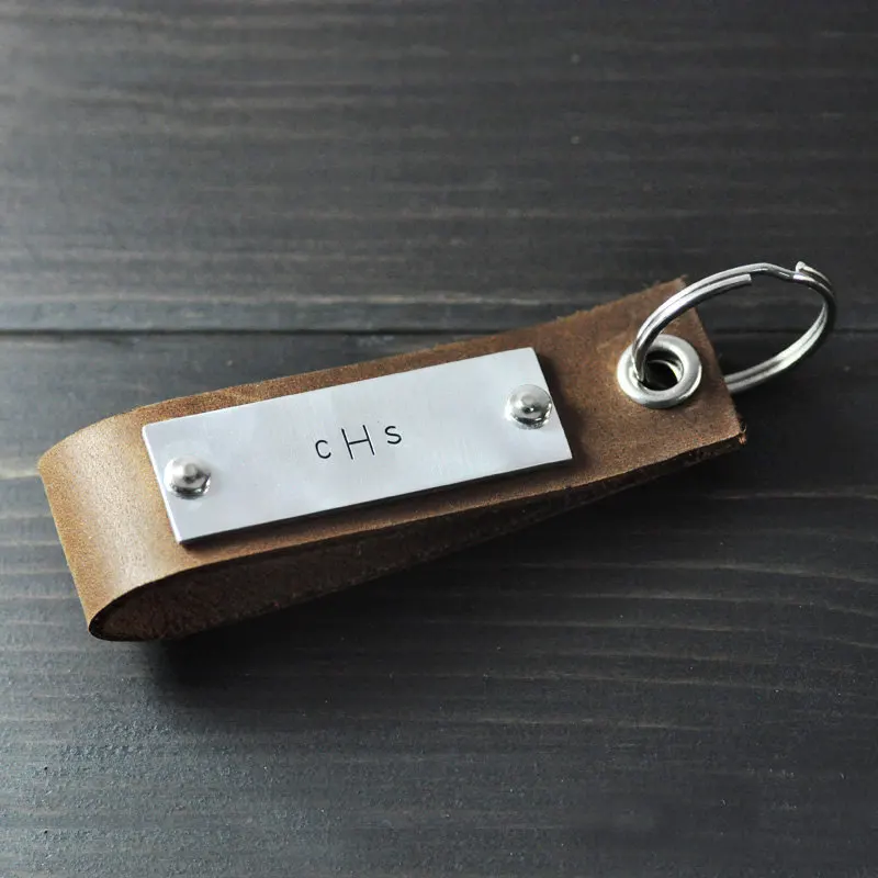 Leather Key Chain alloy bar Personalized Gift for Father&#39;s Day leather keychain initials ...