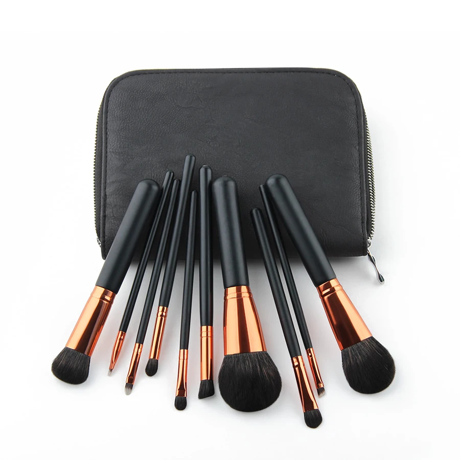 

2019 Anmor 10PCS Professional Makeup Brushes Set Foundation Blending Powder Brush Black Make Up Tools Kit With Dark Brown Bag