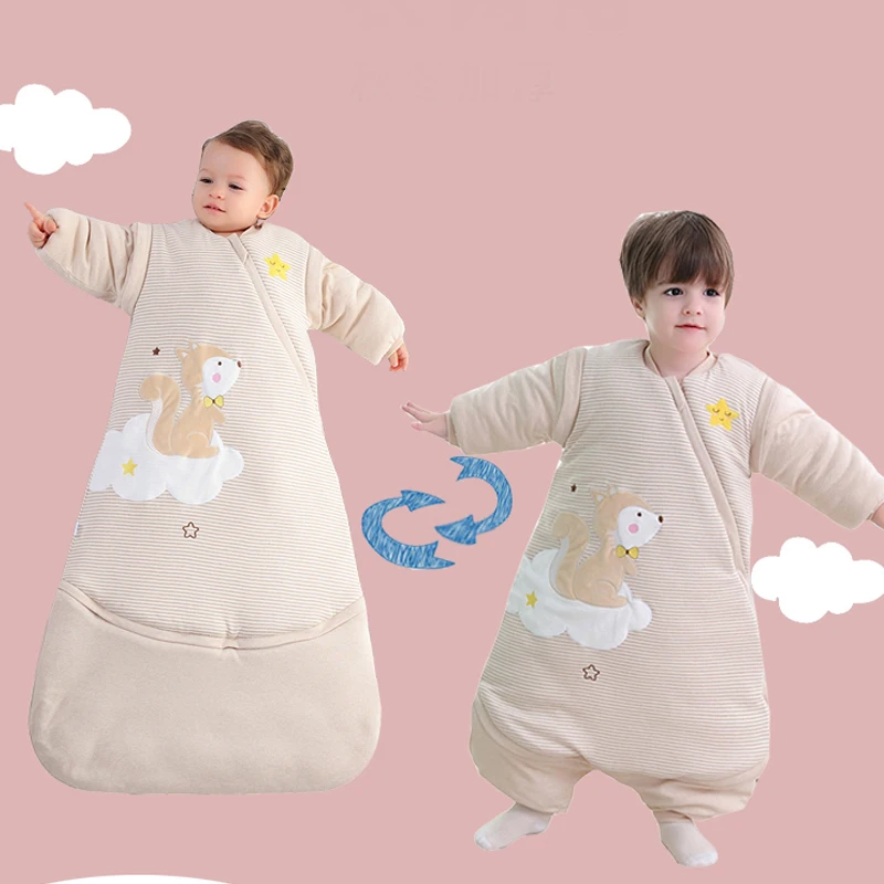 

Baby sleeping bag child anti-kick is thickened detachable sleeve multi-function three-in-one sleeping bag baby color cotton