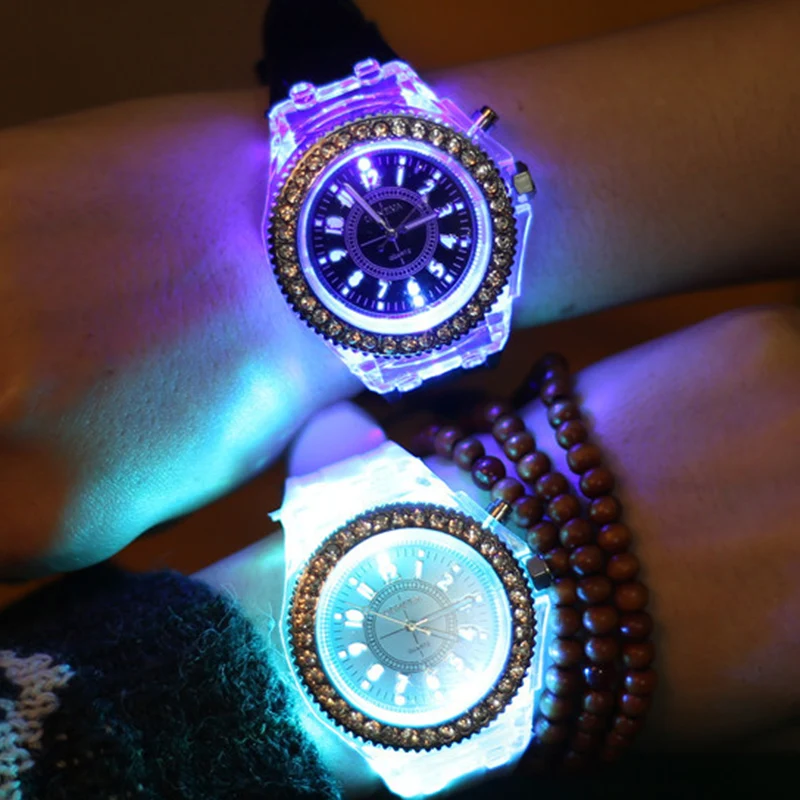 

Silicone Diamond rhinestone Student Watch LED Luminous Colorful Lights Watches Women Ladies Quartz Wrist watch relogio masculino