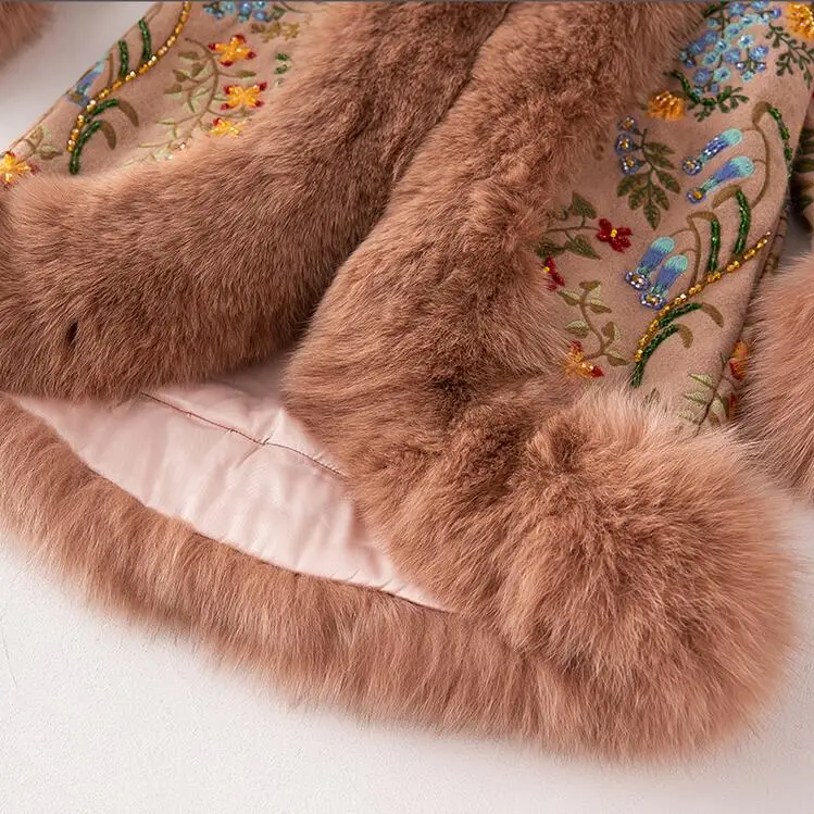High-end winter trench coats women vintage Elegant Floral woolen embroidery loose lady Christmas Fox hair overcoat female M-XXL
