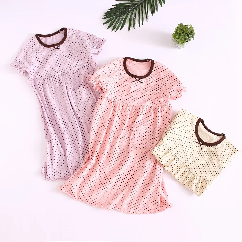 Горошек Ночные сорочки для девочек хлопковые пижамы Лето Ночное белье для девочек Детская ночная рубашка для девочек, одежда для дома 2 шт./лот