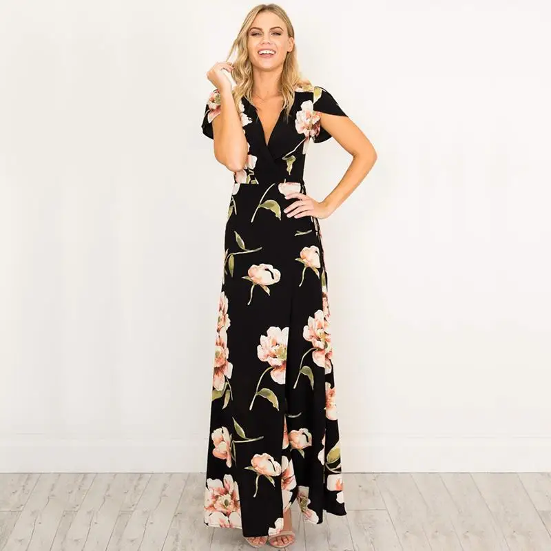 Женское платье макси с V образным вырезом и цветочным принтом|maxi dress|dress v-neckmaxi dress