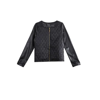 

Fashion Spring Fall Casual Women Quilted O-Neck Long Sleeve Patchwork Zipper PU Leather Stitching Jacket Coat Outwear 2 Style