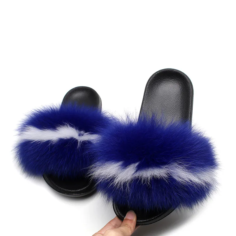 HONGTEYA Real Fox Fur Slides Slippers for Women Toddler Girls Feather Slip On Summer Furry Sandals Flip Flops Shoes Flats/ 
