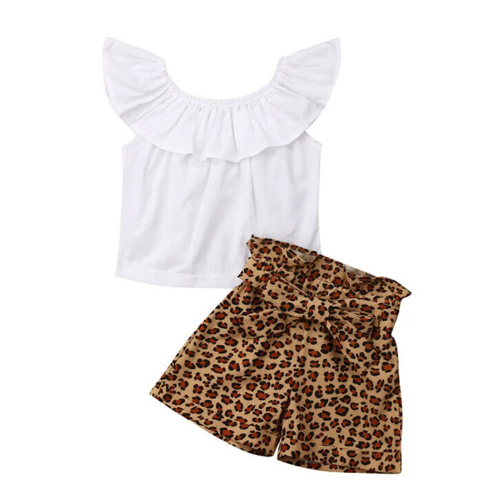 Детская одежда для маленьких девочек комплект с открытыми плечами, футболка Топы с леопардовым принтом, юбка с оборками для девочек, в полоску, шорты с бантиком для девочек детская одежда, 1 комплект - Цвет: Кофе