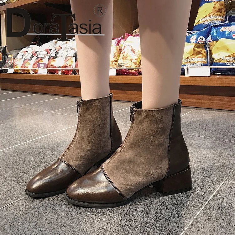 

DoraTasia New Fashion Martin Boots Square Med Heels Zip Shoes Woman Casual Party Retro Autumn Winter Ankle Boots Big Size 35-40