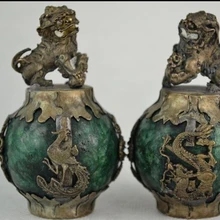 Металлические поделки тибетский серебряный зеленый нефрит Бронированный дракон феникс Килин счастливый пара статуэток