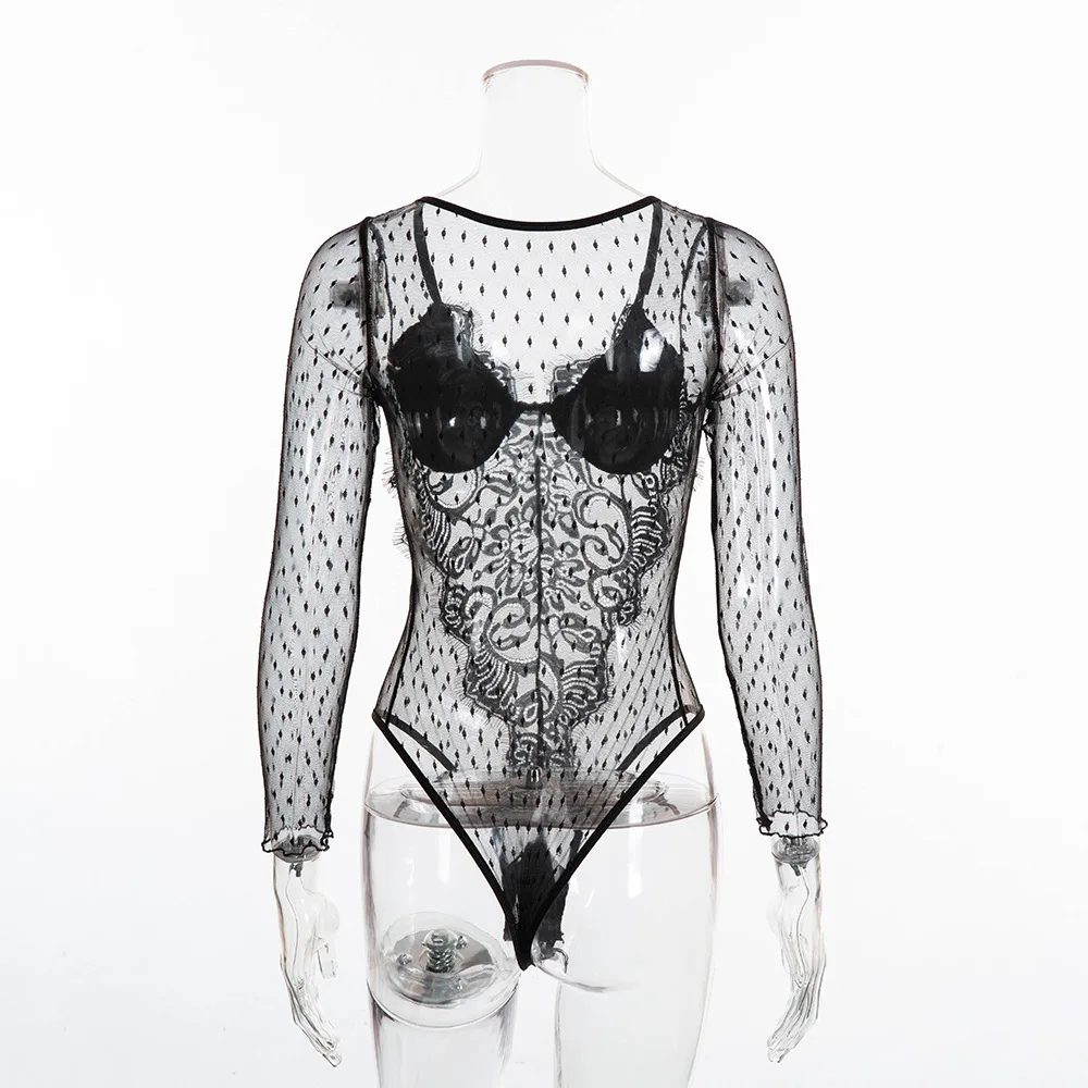 new arrived fashion sexy bodysuit long sleeve lace rompers womens jumpsuit White Mesh Snap button one piece
