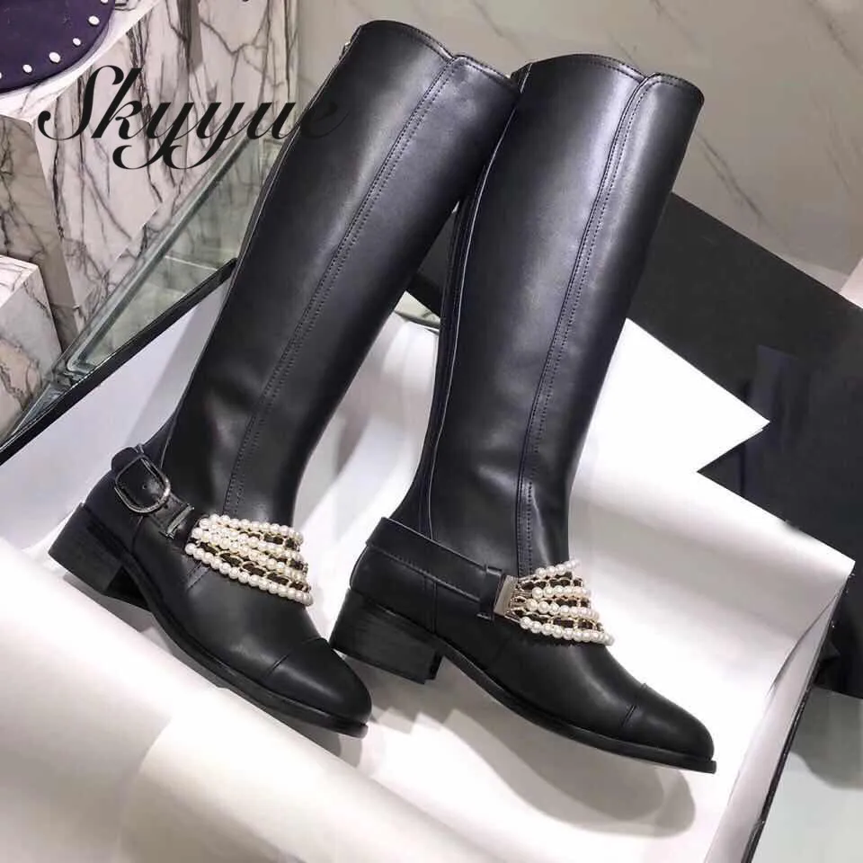 

SKYYUE New Real Leather Metal Chain String Bead Women Boots Round Toe Zip Side Knee HIgh Winter Boots Brand Women Long Boots