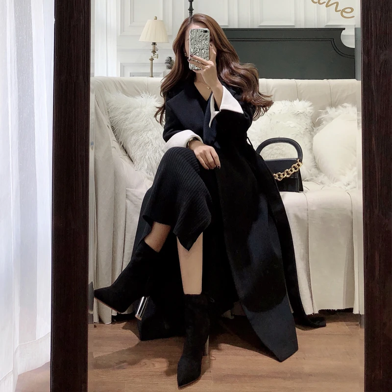 Elegant V Neck Women's Winter Fashion Woolen Overcoat Long Black Trench Dress Coats With Pockets Belt Casaco de la Feminino