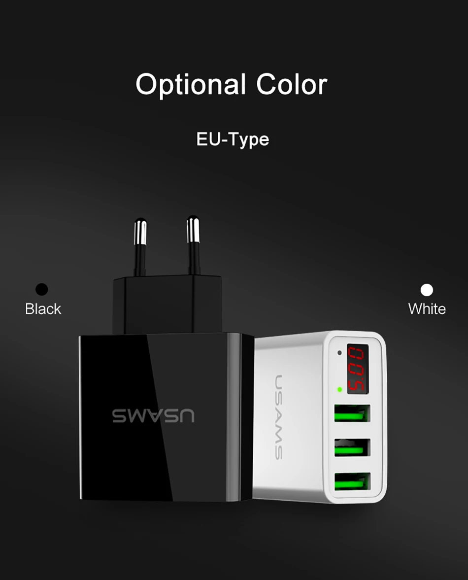 USAMS 3 порта USB зарядное устройство светодиодный дисплей EU штекер 3A Быстрая зарядка дорожное настенное зарядное устройство для iPhone samsung зарядное устройство для мобильного телефона