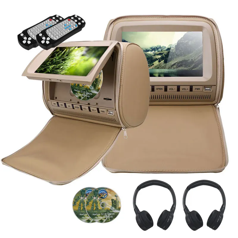 XST 2PCS 9 Inch Car Headrest Monitor MP5 DVD Video Player 800x480 Zipper Cover TFT LCD Screen IR/FM/USB/SD/Speaker/Game - Color: Beige with headphone