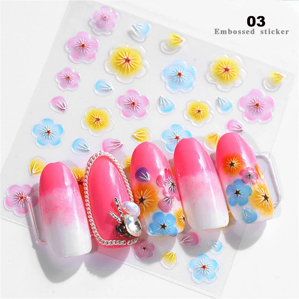 1 Sheet 3D Acrylic Embossed Flower Self Adhesive Nail Sticker Decal Slider Wrap Nail Art Decoration Manicurure Tools Accessories
