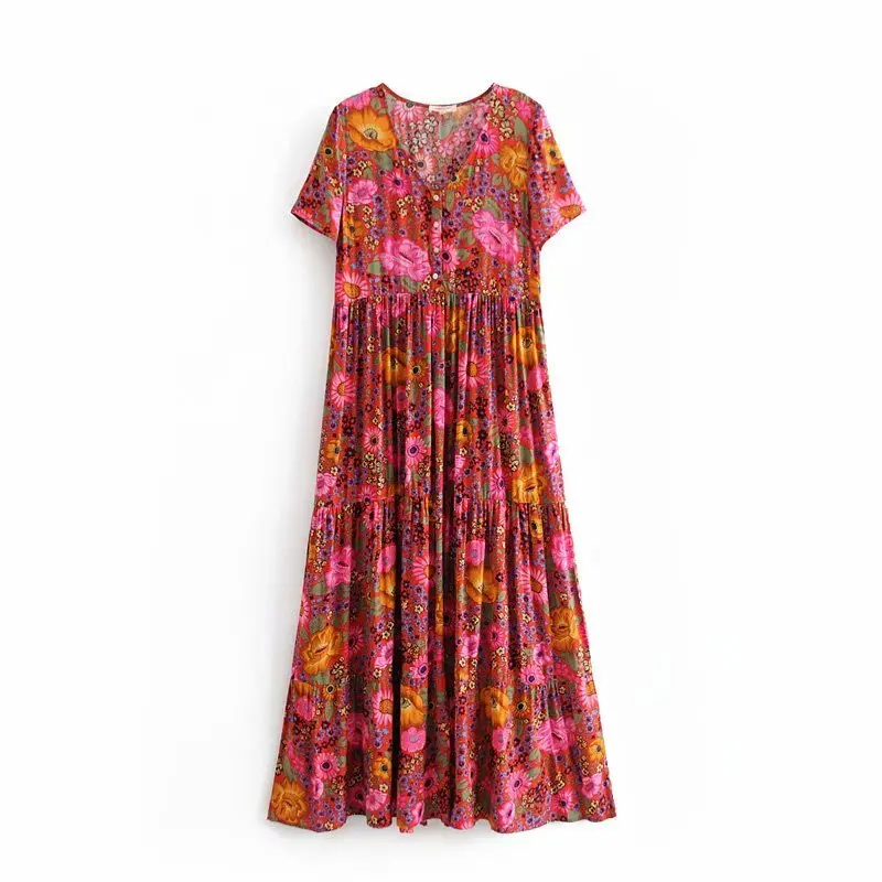 

2019 new women bohemian short sleeve v neck floral print big swing long dress female pleats vestidos chic holiday dresses DS1965