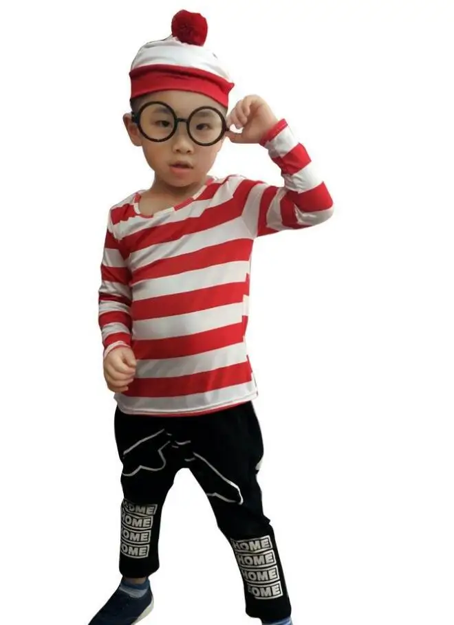 Маскарадный костюм Where is Wally Waldo с героями мультфильмов для родителей и детей рубашка в красную полоску+ шляпа+ очки