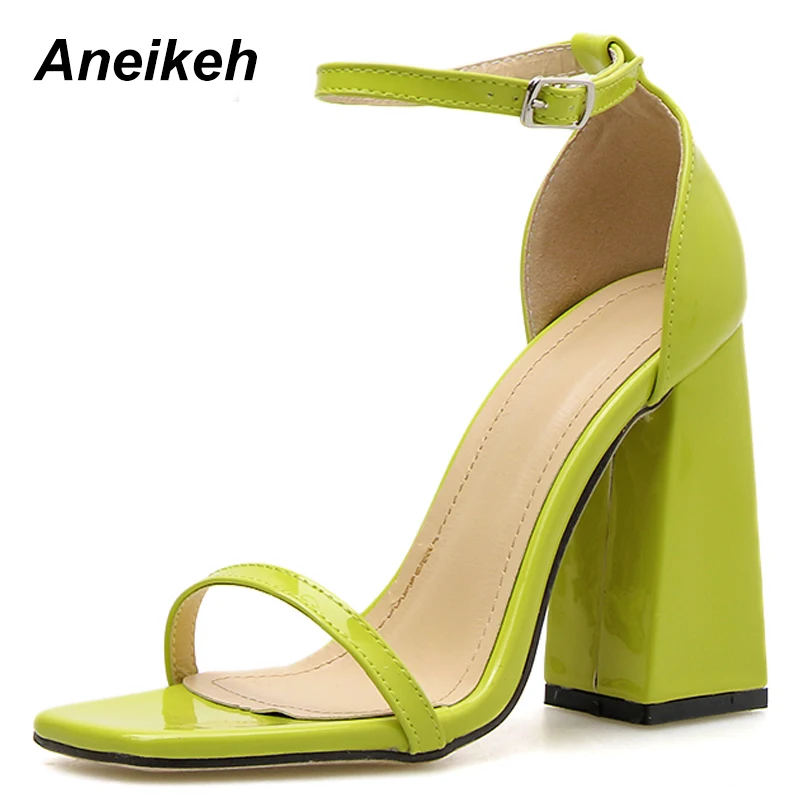 Aneikeh/; летние классические женские босоножки из искусственной кожи; пикантные туфли с квадратным носком на высоком квадратном каблуке; туфли с пряжкой на ремешке; цвет черный, оранжевый, желтый, зеленый