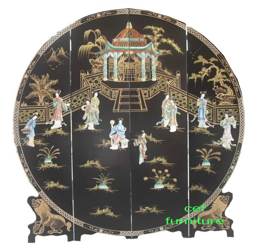 mother of pearl inlay round hand painted screen room divider lacquer