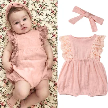 

Summer Baby Girl Rompers Newborn Baby Clothes Toddler Flare Sleeve Solid Lace Design Romper Jumpsuit with Headband One-Pieces