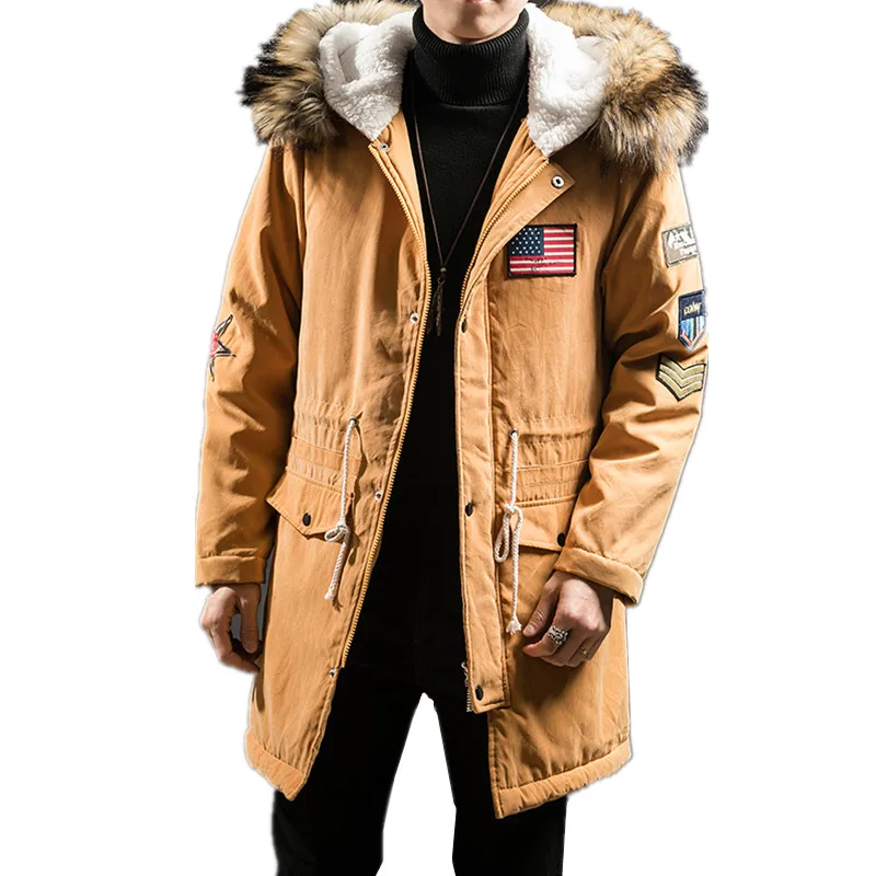 Kopen 2018 Herfst Winter Nieuwe mannen Casual Plus Fluwelen Dikke Hooded Warme Wollen Jas mannen Bontkraag Lange parka Down Gewatteerd Jasje