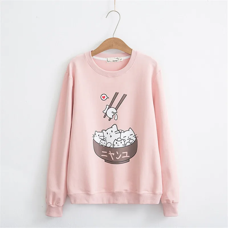  Sweet Cat Print Round Neck Long-sleeved Women Pullover Japan Style Kawaii Harajuku Hoodies