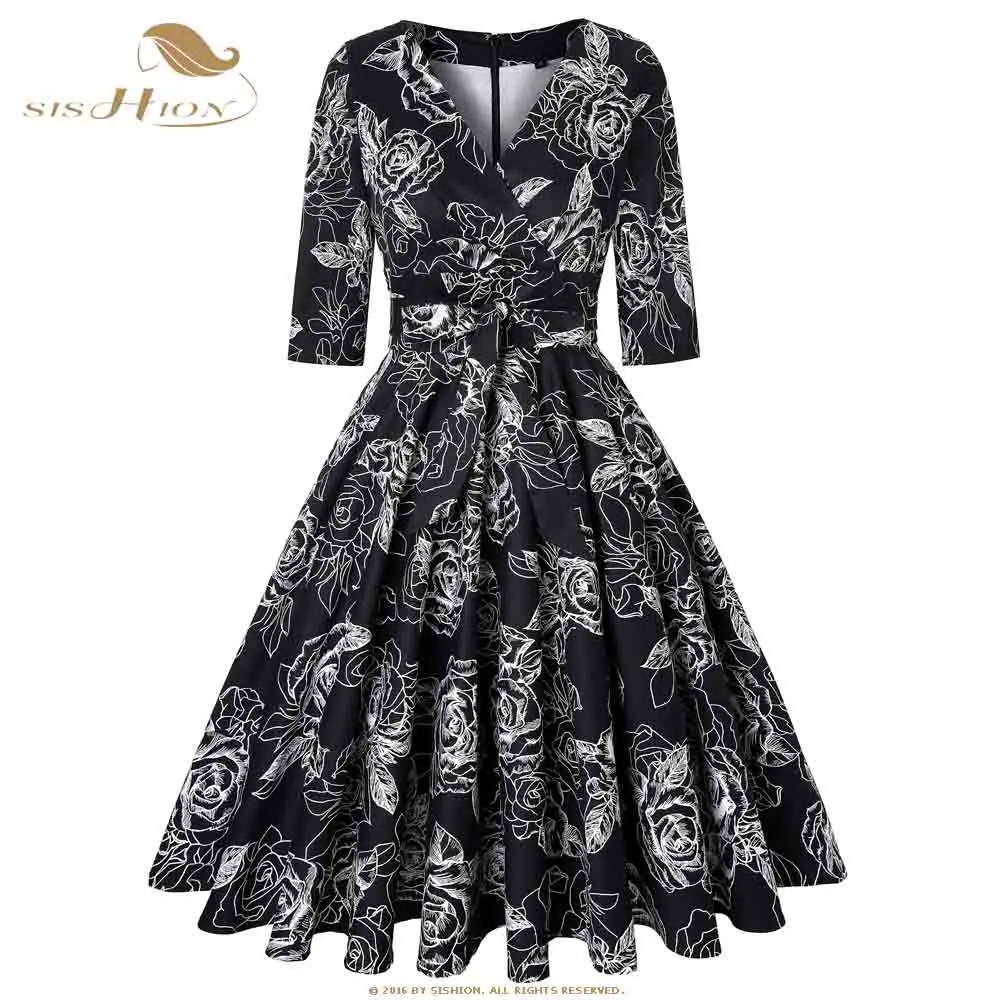 

SISHION Cotton Elegant Black Dress New Women Autumn Half Sleeve Floral Print Large Swing 50s 60s Retro Vintage Midi Dress SD0006