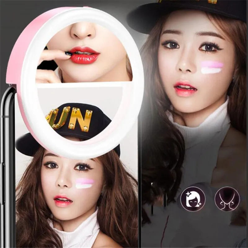 

Universal Selfie LED Fill Ring Flash Light Portable Smart Mobile Phone Selfie Lamp Luminous Ring Clip Makeup mirror holder 2*AAA