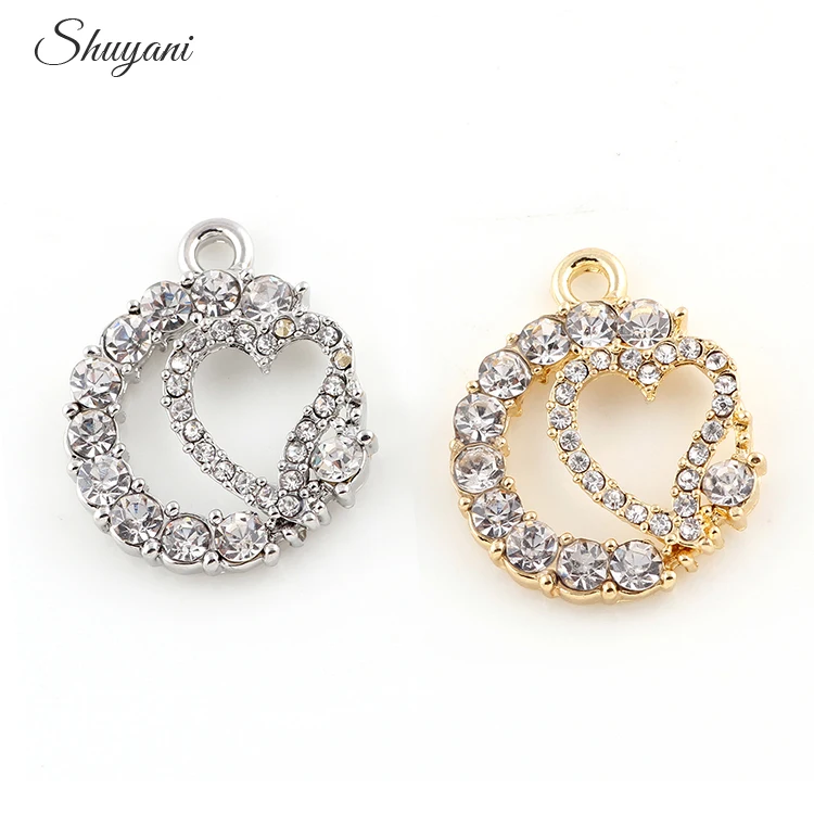 

20Pcs/lot Silver Plated Clear Crystal Heart Charm Pendant Jewelry Findings Round Dangle Accessories