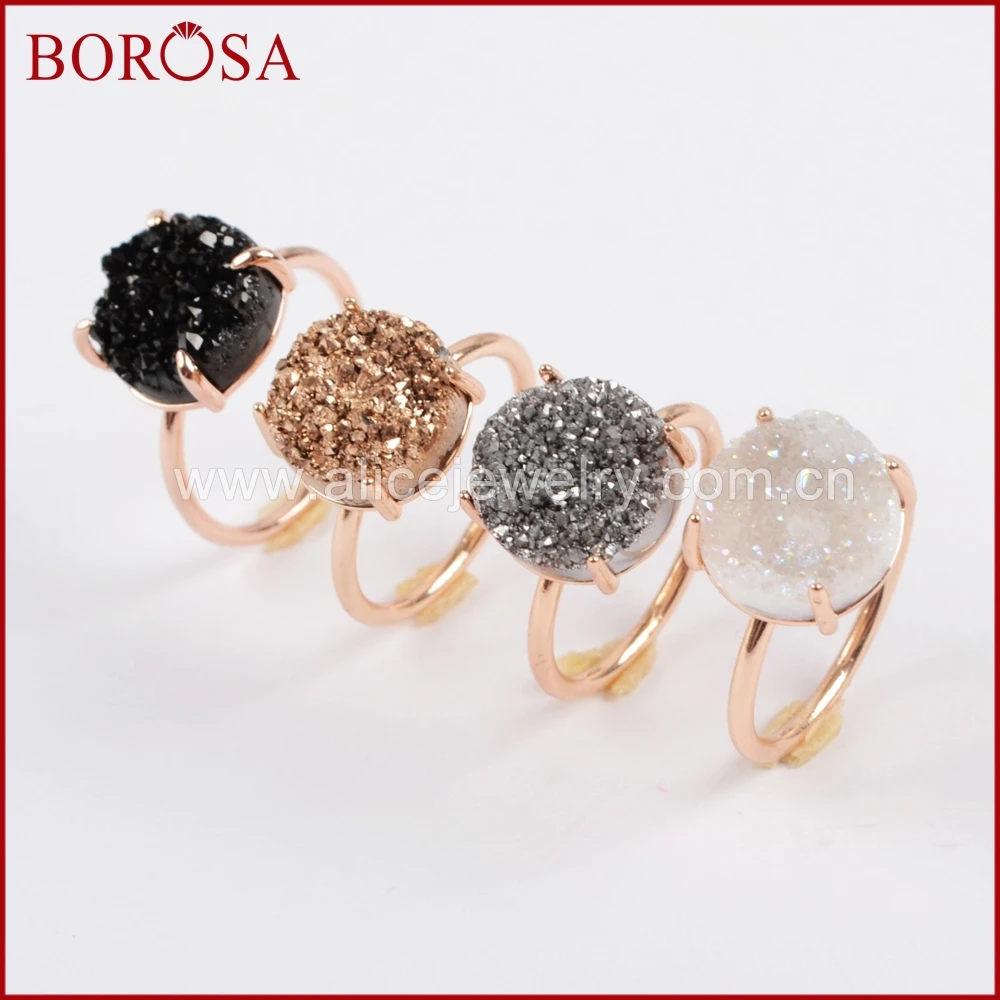 

BOROSA 12mm Round Rose Gold Claw Titanium Natural Druzy Quartz Stone Drusy Ring High Quality Fashion Gems Ring ZG0166