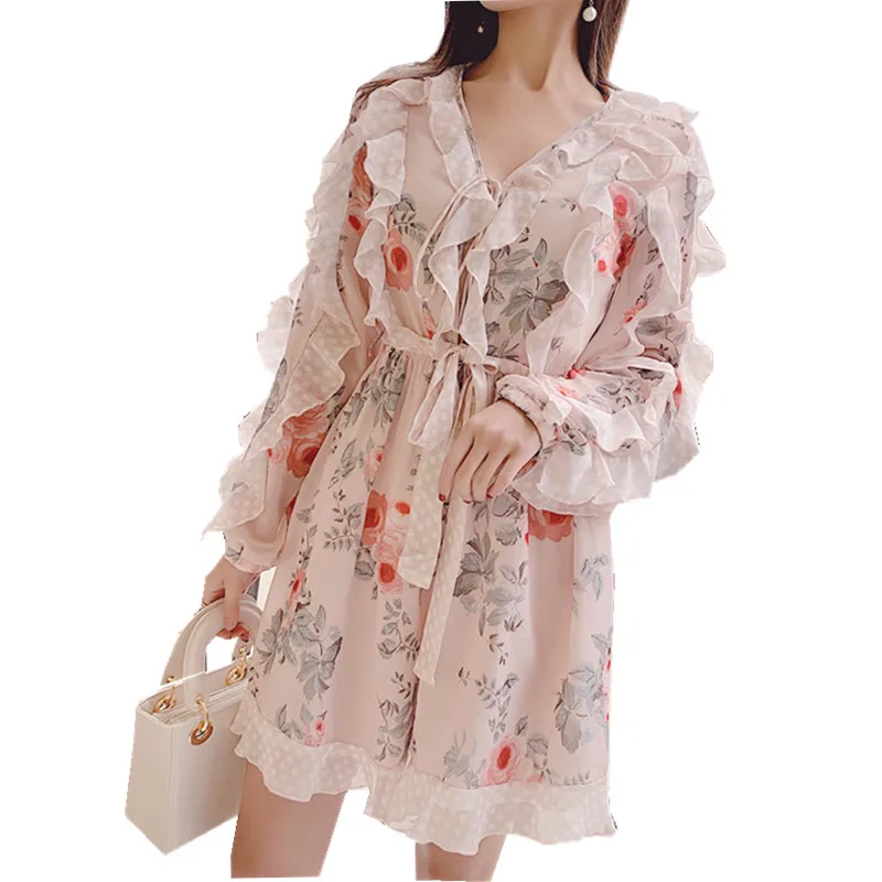 

HAMALIEL 2019 Spring Women Boho Playsuits Boho Runway Chiffon Printed Floral Ruffles Jumpsuit Fashion V Neck Wide Leg Playsuits