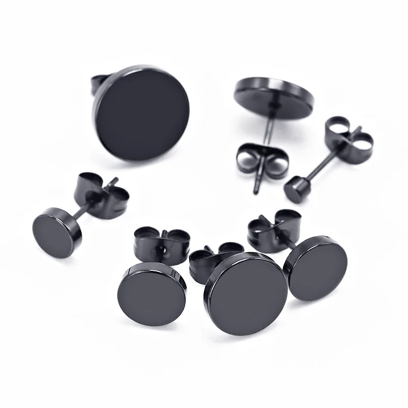 1Pair Men's Ear Studs Earrings Stainless Steel Round Ear Button Black 3mm -12mm Punk Style Pendientes Brincos Anti-allgergic New1
