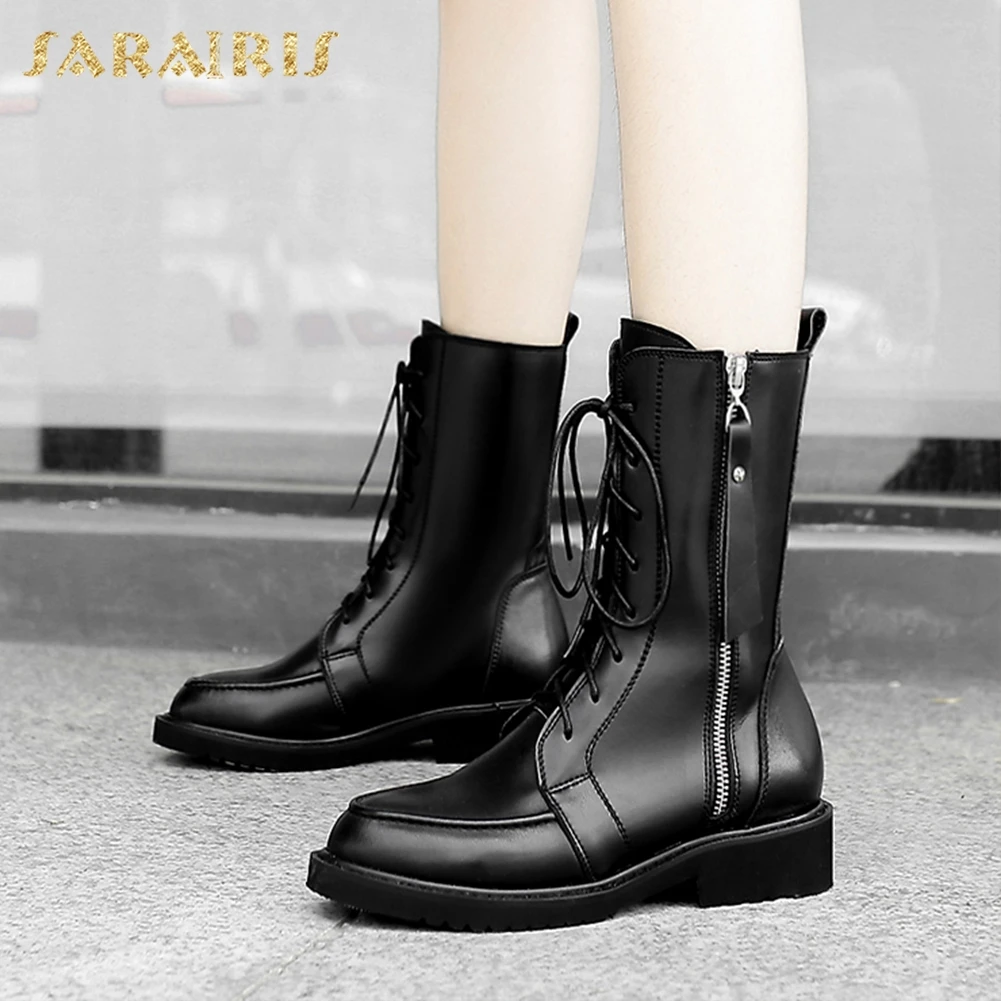 

SARAIRIS 2018 Genuine Leather Plus Size 34-42 Cow Leather Zip Up Chunky Heels Shoes Woman Mid Calf Boots Woman Shoes