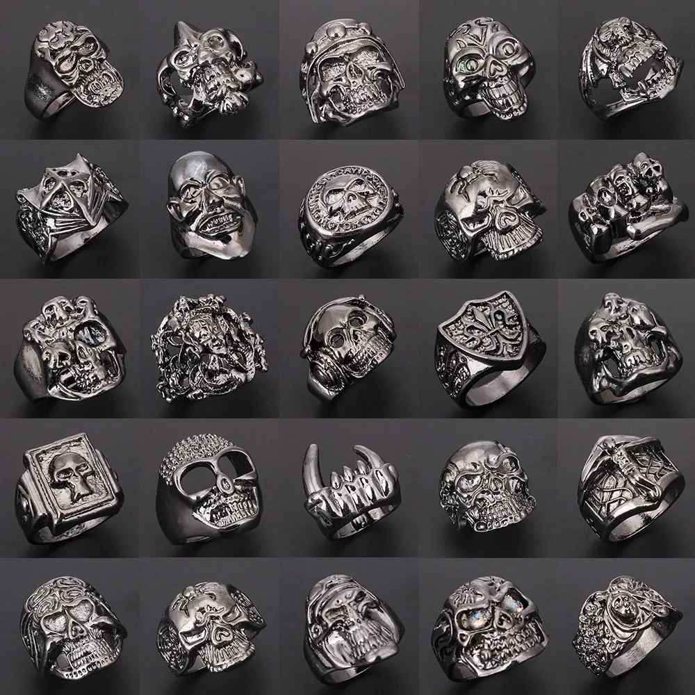 

Wholesale Big Size 10/50/100pcs Random Style Mixed Black Men's Ring Skull Punk Rock Vintage Rings For Men Gift Fashion Jewelry
