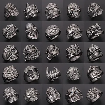 

Wholesale Big Size 10/50/100pcs Random Style Mixed Black Men's Ring Skull Punk Rock Vintage Rings For Men Gift Fashion Jewelry