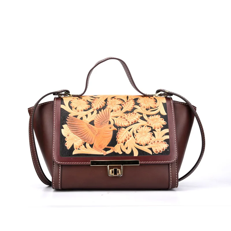 Пояса из натуральной кожи Топ Ручка сумки одного плеча Сумочка цветок и птица Tote