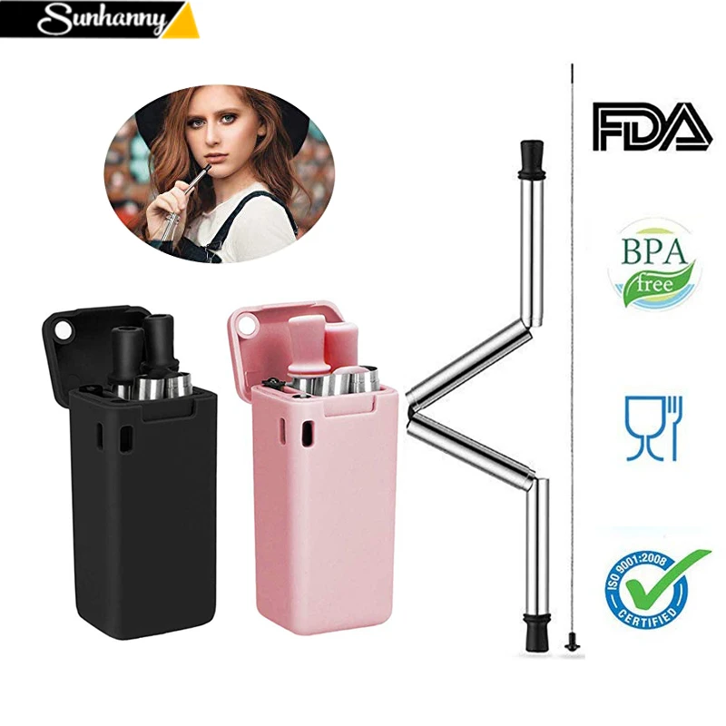 

Foldable Metal Straw Collapsible Reusable Drinking Straws With Keychain Hole Travel Outdoor Household Kitchen Bar Accessories