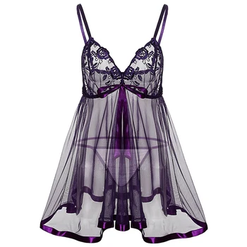 

XXL 3XL 4XL 5XL 6XL Plus Size Women Embroidery Bra Big Bow Erotic Underwear Hot Sexy Lingerie Babydolls Transparent Purple Dress
