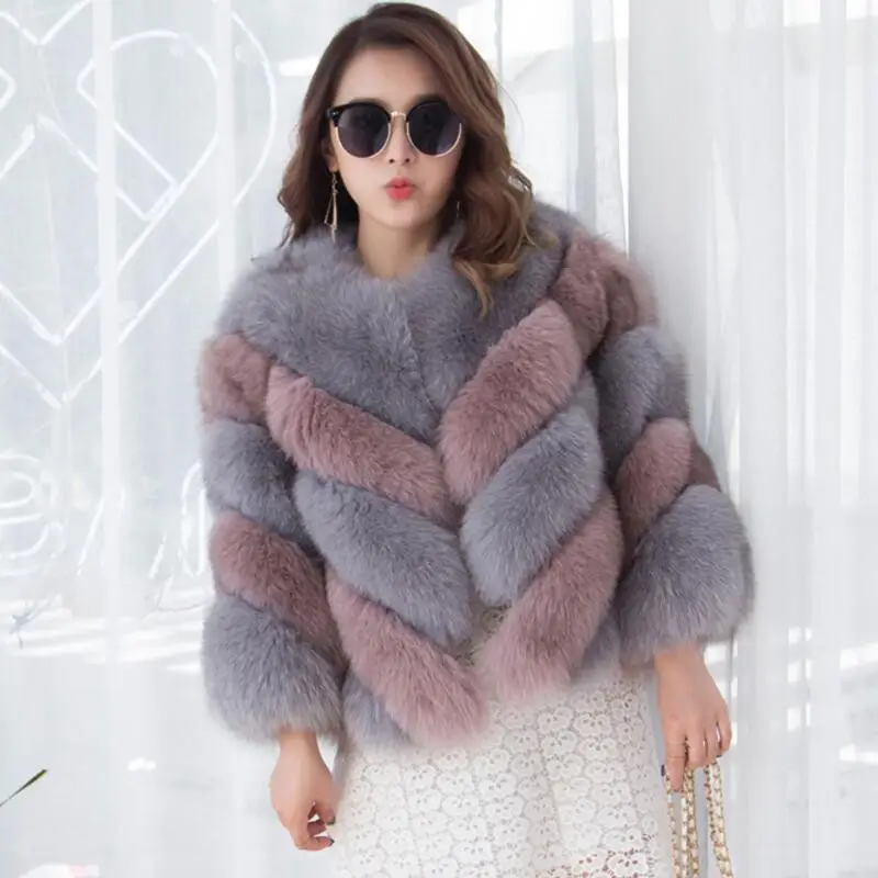 Japan and Korea Style New Winter Real Blue Fox Fur Coats Thick Warm Cute Women's Fur Short Coat and Jacket Oblique Design