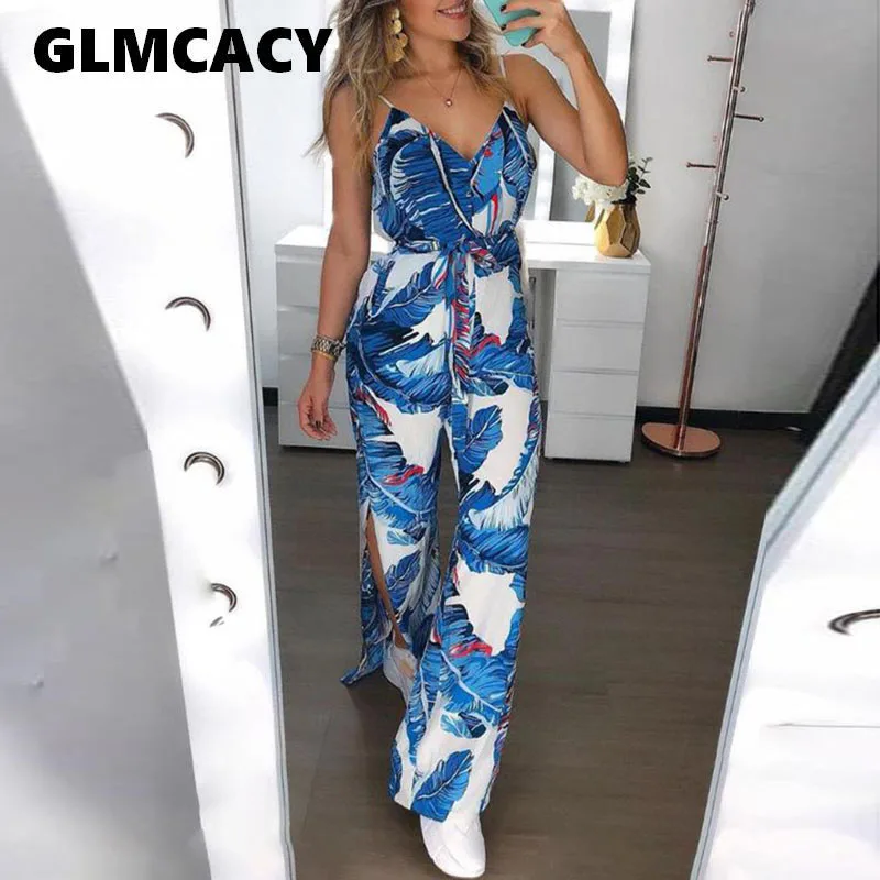 

Women Summer Elegant Vacation Sexy V-Neck Casual Romper Female Wide Leg Overalls Tropical Print Spaghetti Strap Jumpsuit