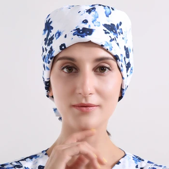 

Surgical Caps Scrub Hats Dentist Women White Blue Hospital Nurse Work Hat Polyester Sweatband Tieback Beautician Working Caps