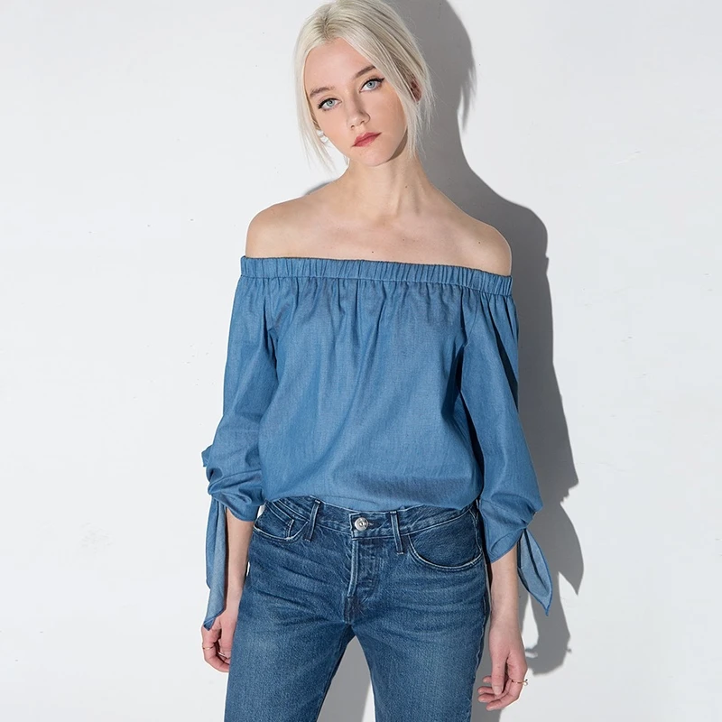 

Women Blouses New Fashion Sexy Slash Neck Denim Retro Tie In Sleeves Casual Long Sleeve Solid Shirt Basic Tops Tees Blusas