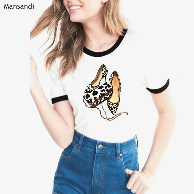 

New Street Style tshirt Women vogue t shirt femme harajuku shirt Leopard High-heeled Shoes Print t-shirt female tumblr clothes