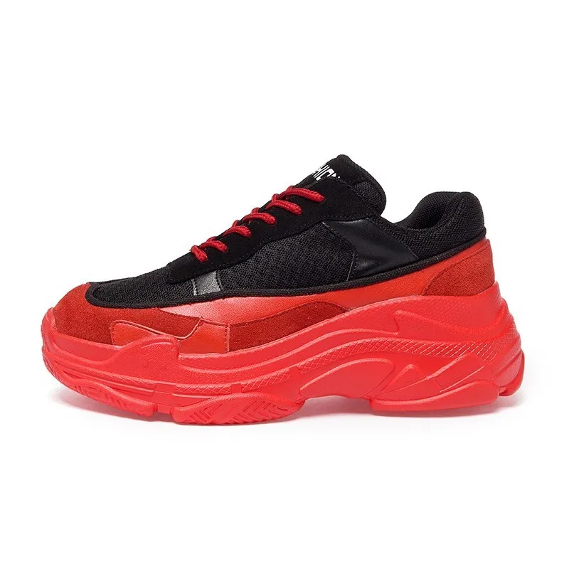 NEWDISCVRY/женские кроссовки на платформе со шнуровкой; коллекция года; модная женская прогулочная обувь на плоской подошве из кожи и сетчатого материала; женская повседневная обувь для папы - Цвет: Красный